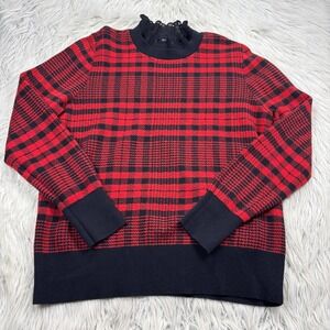 LOFT Women's L Black Red Plaid Ruffle Neck Sweater Goth Victorian Preppy